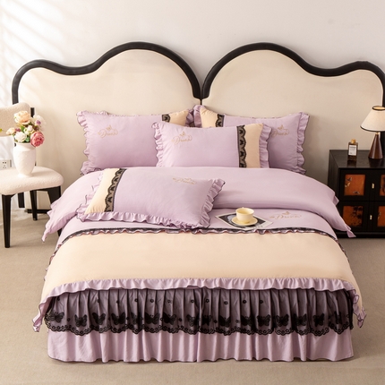 91家纺网 家纺一手货源 找家纺 （总）皇谱家纺  2025新款60sA类水洗棉床裙款四件套-彩蝶之恋