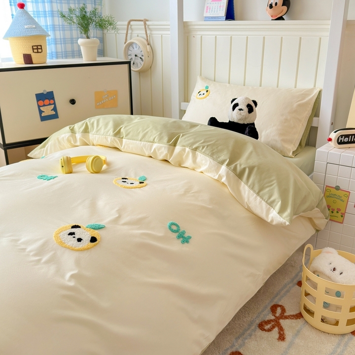 91家纺网 家纺一手货源 找家纺 锦觅 2025新款学生季全棉纯棉毛巾绣三件套奶油小清新刺绣四件套（全文件大图以及买家秀） 苹果熊猫