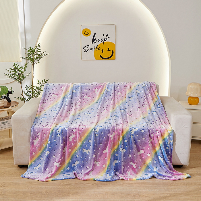 91家纺网 家纺一手货源 找家纺 梦斋家纺 2025新款夜光彩虹独角兽飞马星星法兰绒毛毯 夜光4