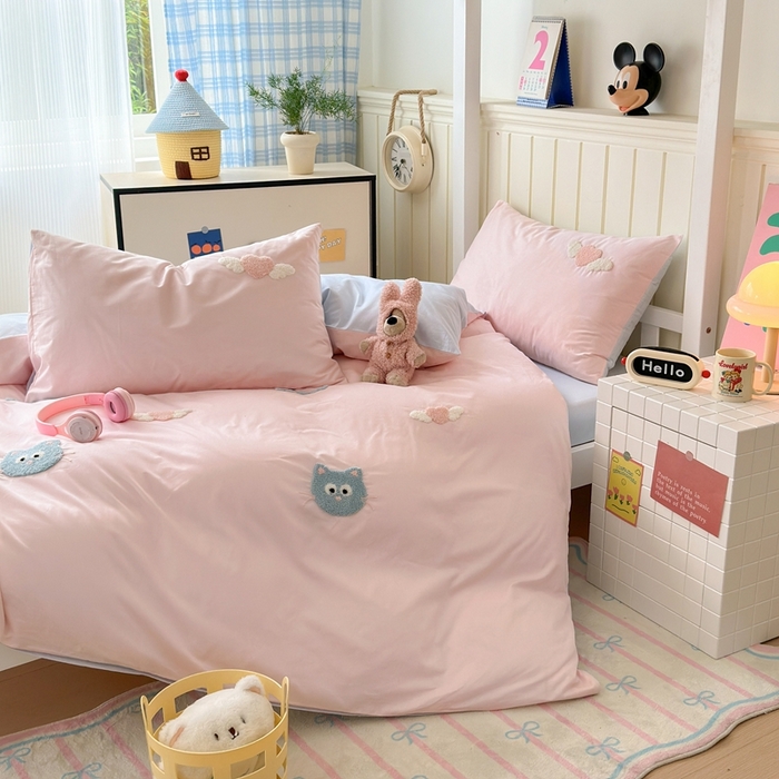 91家纺网 家纺一手货源 找家纺 锦觅 2025新款学生季全棉纯棉毛巾绣三件套奶油小清新刺绣四件套（全文件大图以及买家秀） 甜心小猫