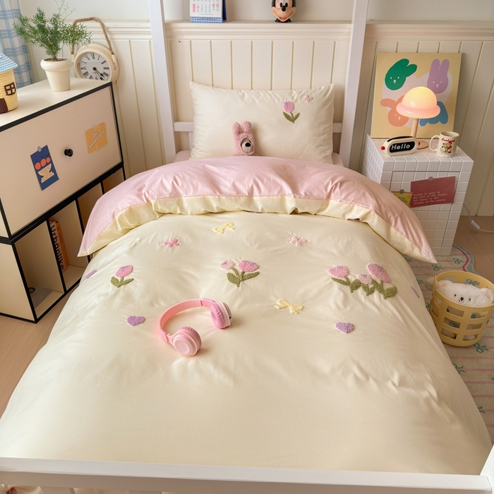 91家纺网 家纺一手货源 找家纺 锦觅 2025新款学生季全棉纯棉毛巾绣三件套奶油小清新刺绣四件套（全文件大图以及买家秀） 蝶恋花（米粉）