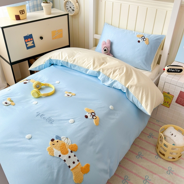 91家纺网 家纺一手货源 找家纺 锦觅 2025新款学生季全棉纯棉毛巾绣三件套奶油小清新刺绣四件套（全文件大图以及买家秀） 奔跑的狗狗