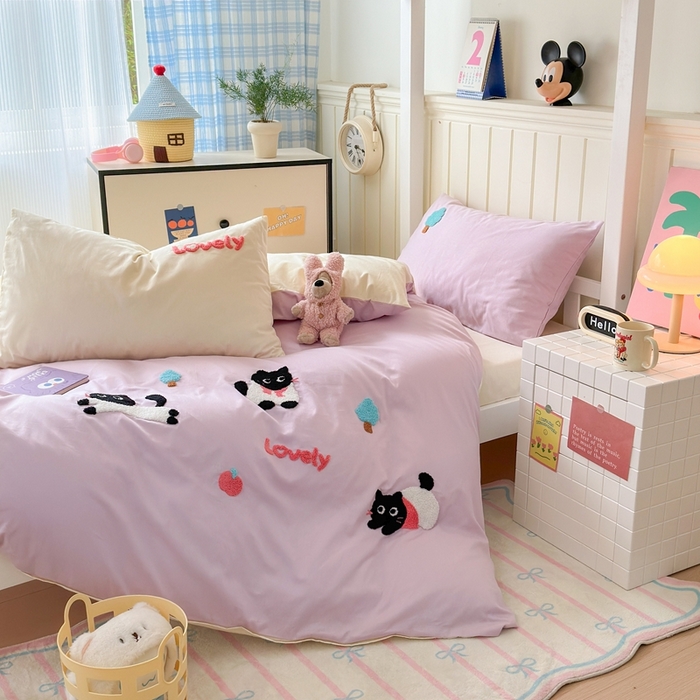 91家纺网 家纺一手货源 找家纺 锦觅 2025新款学生季全棉纯棉毛巾绣三件套奶油小清新刺绣四件套（全文件大图以及买家秀） 嬉戏猫咪