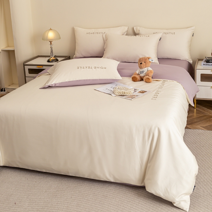 91家纺网 家纺一手货源 找家纺 泰迪爱兰Teddy 2025新款100支（50支）全棉贡缎字母绣花四件套 象牙白+加伦紫