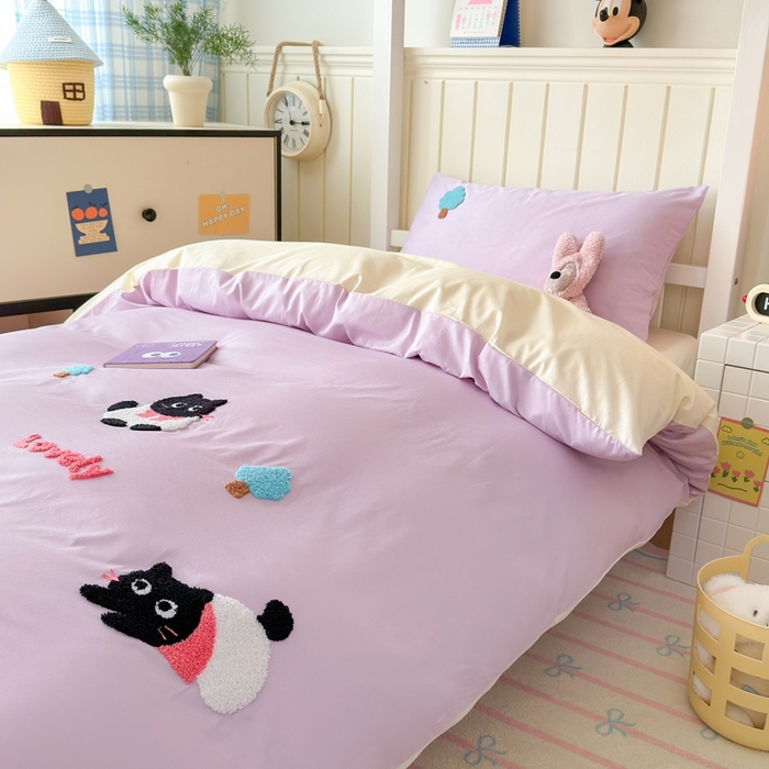 91家纺网 家纺一手货源 找家纺 锦觅 2025新款学生季全棉纯棉毛巾绣三件套奶油小清新刺绣四件套（全文件大图以及买家秀） 嬉戏猫咪