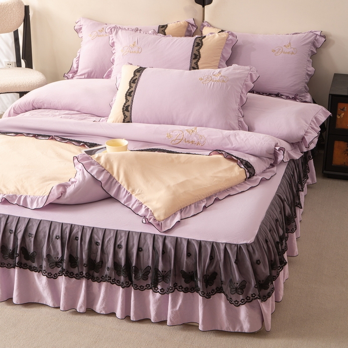 91家纺网 家纺一手货源 找家纺 皇谱家纺  2025新款60sA类水洗棉床裙款四件套-彩蝶之恋 彩蝶之恋-紫