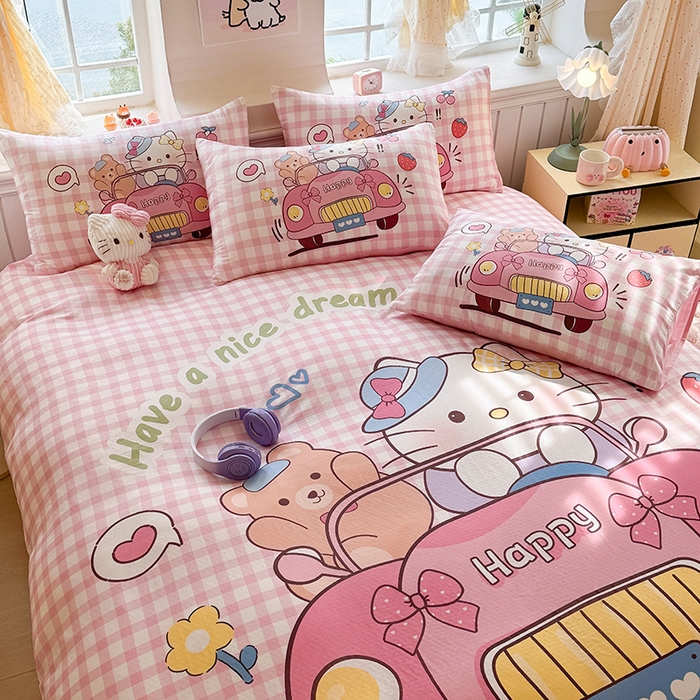 91家纺网 家纺一手货源 找家纺 馨语家居 2025新款全棉双层纱四件套 猫咪假日