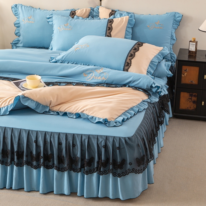 91家纺网 家纺一手货源 找家纺 皇谱家纺  2025新款60sA类水洗棉床裙款四件套-彩蝶之恋 彩蝶之恋-兰