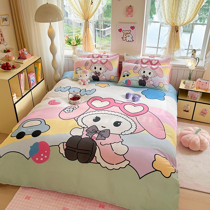 91家纺网 家纺一手货源 找家纺 馨语家居 2025新款全棉双层纱四件套 彩虹糖的梦