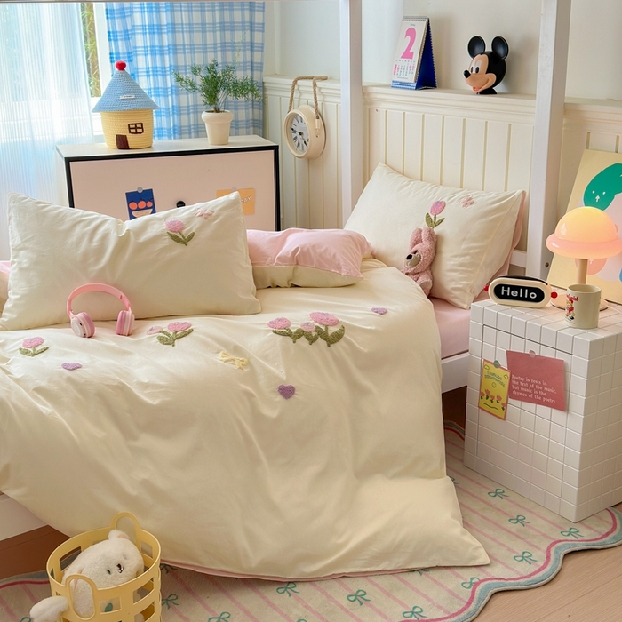 91家纺网 家纺一手货源 找家纺 锦觅 2025新款学生季全棉纯棉毛巾绣三件套奶油小清新刺绣四件套（全文件大图以及买家秀） 蝶恋花（米粉）