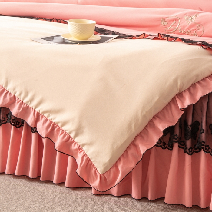 91家纺网 家纺一手货源 找家纺 皇谱家纺  2025新款60sA类水洗棉床裙款四件套-彩蝶之恋 彩蝶之恋-豆沙