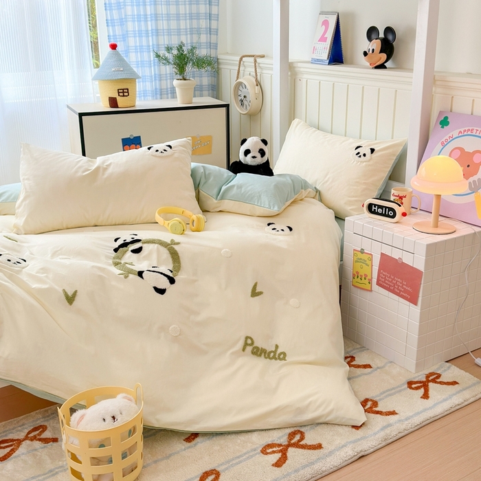 91家纺网 家纺一手货源 找家纺 锦觅 2025新款学生季全棉纯棉毛巾绣三件套奶油小清新刺绣四件套（全文件大图以及买家秀） 可爱熊猫