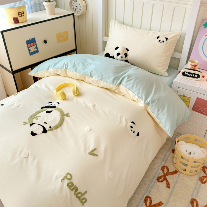 91家纺网 家纺一手货源 找家纺 锦觅 2025新款学生季全棉纯棉毛巾绣三件套奶油小清新刺绣四件套（全文件大图以及买家秀） 可爱熊猫