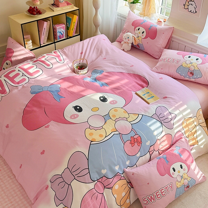 91家纺网 家纺一手货源 找家纺 馨语家居 2025新款全棉双层纱四件套 兔兔少女