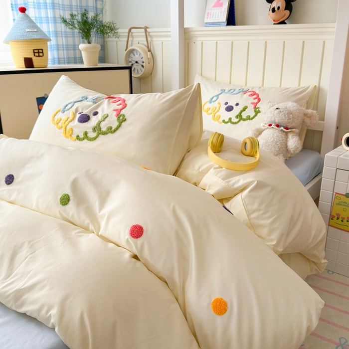 91家纺网 家纺一手货源 找家纺 锦觅 2025新款学生季全棉纯棉毛巾绣三件套奶油小清新刺绣四件套（全文件大图以及买家秀） 彩虹波点