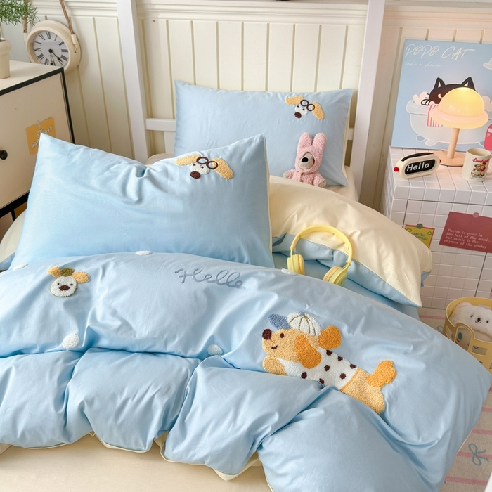 91家纺网 家纺一手货源 找家纺 锦觅 2025新款学生季全棉纯棉毛巾绣三件套奶油小清新刺绣四件套（全文件大图以及买家秀） 奔跑的狗狗