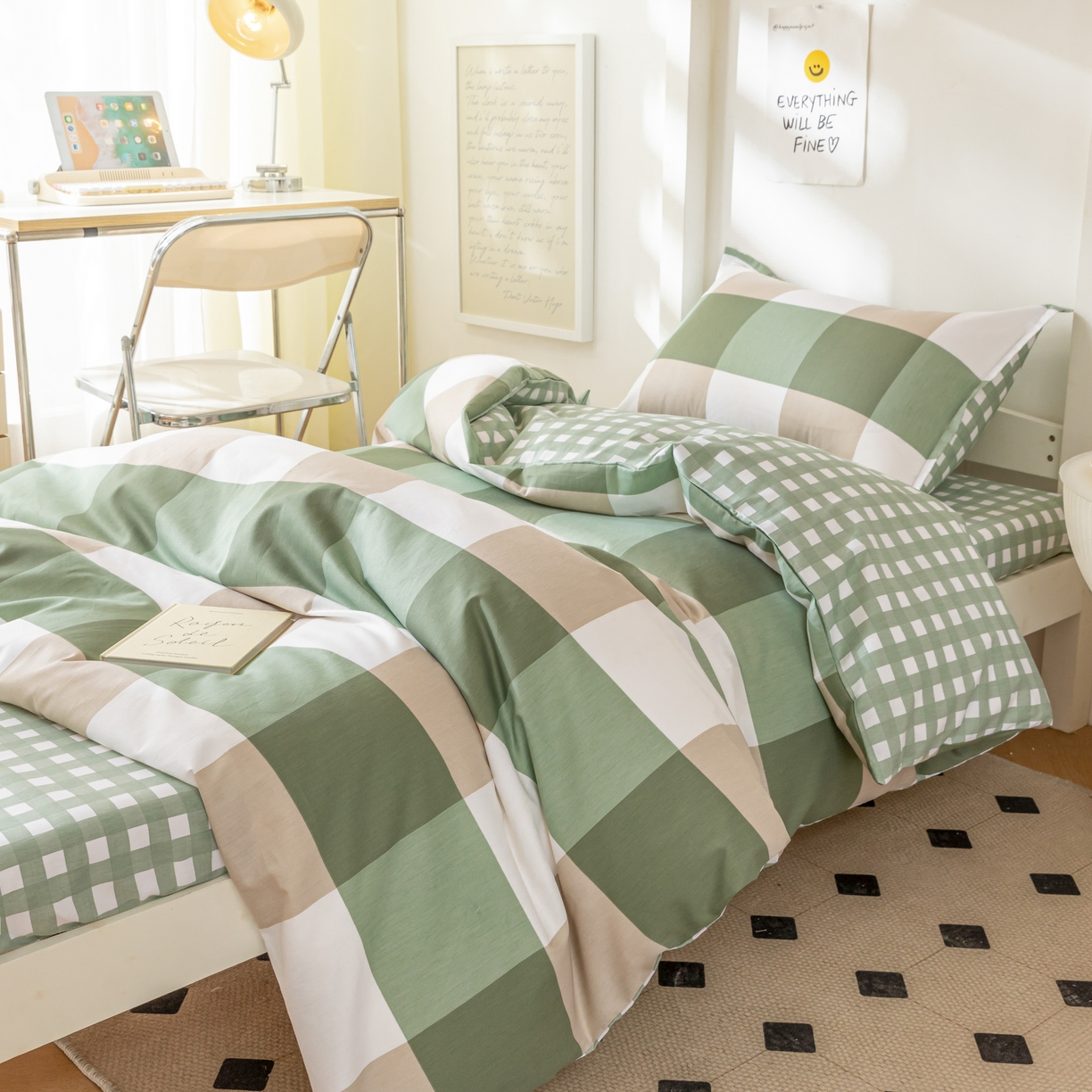 91家纺网 家纺一手货源 找家纺 贝兰仙奴 2025新款13372全棉印花简约学生三件套 绿大格