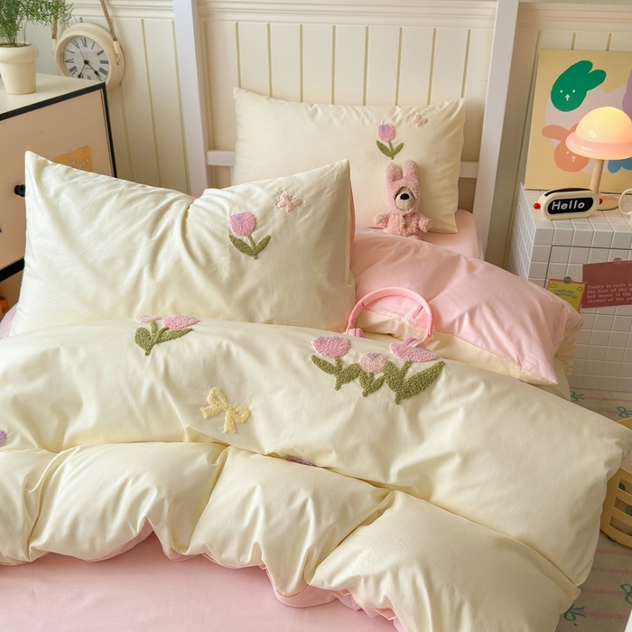 91家纺网 家纺一手货源 找家纺 锦觅 2025新款学生季全棉纯棉毛巾绣三件套奶油小清新刺绣四件套（全文件大图以及买家秀） 蝶恋花（米粉）