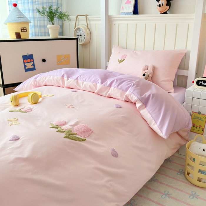 91家纺网 家纺一手货源 找家纺 锦觅 2025新款学生季全棉纯棉毛巾绣三件套奶油小清新刺绣四件套（全文件大图以及买家秀） 蝶恋花（粉紫）