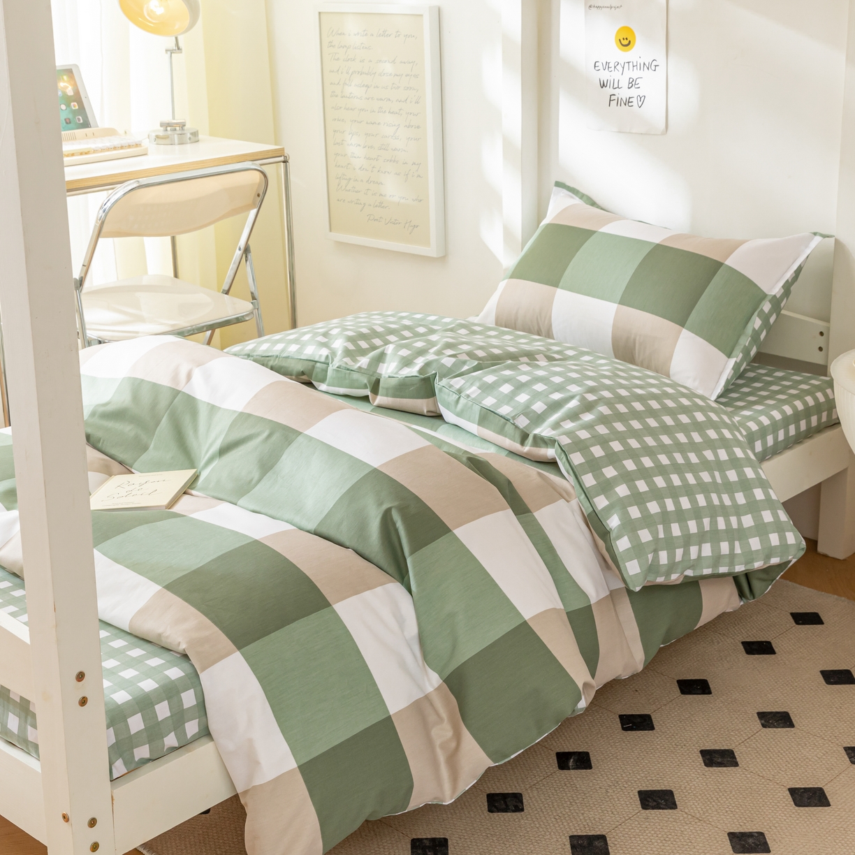 91家纺网 家纺一手货源 找家纺 贝兰仙奴 2025新款13372全棉印花简约学生三件套 绿大格