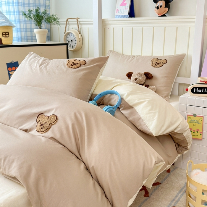 91家纺网 家纺一手货源 找家纺 锦觅 2025新款学生季全棉纯棉毛巾绣三件套奶油小清新刺绣四件套（全文件大图以及买家秀） 萌趣小熊