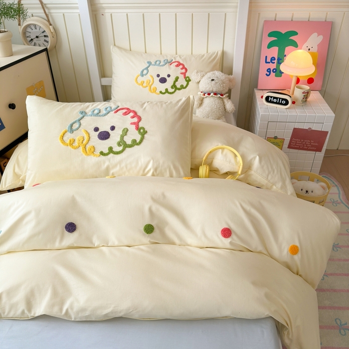 91家纺网 家纺一手货源 找家纺 锦觅 2025新款学生季全棉纯棉毛巾绣三件套奶油小清新刺绣四件套（全文件大图以及买家秀） 彩虹波点