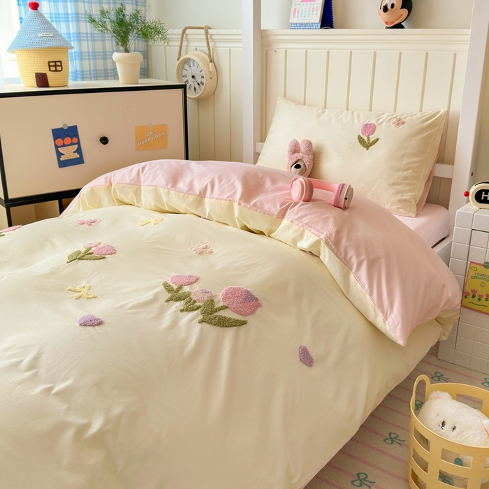 91家纺网 家纺一手货源 找家纺 锦觅 2025新款学生季全棉纯棉毛巾绣三件套奶油小清新刺绣四件套（全文件大图以及买家秀） 蝶恋花（米粉）