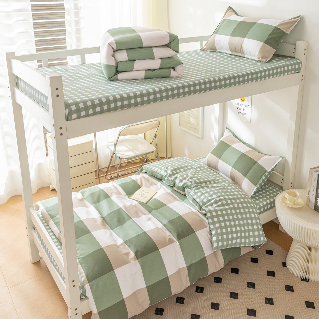 91家纺网 家纺一手货源 找家纺 贝兰仙奴 2025新款13372全棉印花简约学生三件套 绿大格