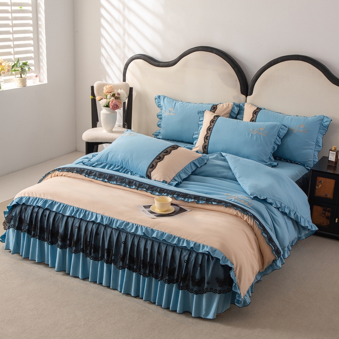 91家纺网 家纺一手货源 找家纺 皇谱家纺  2025新款60sA类水洗棉床裙款四件套-彩蝶之恋 彩蝶之恋-兰