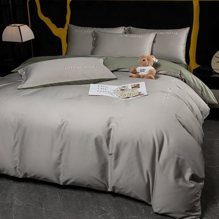 泰迪爱兰Teddy 2025新款100支（50支）全棉贡缎字母绣花四件套 塞夫勒灰+松叶绿