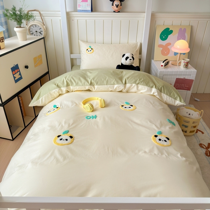 91家纺网 家纺一手货源 找家纺 锦觅 2025新款学生季全棉纯棉毛巾绣三件套奶油小清新刺绣四件套（全文件大图以及买家秀） 苹果熊猫