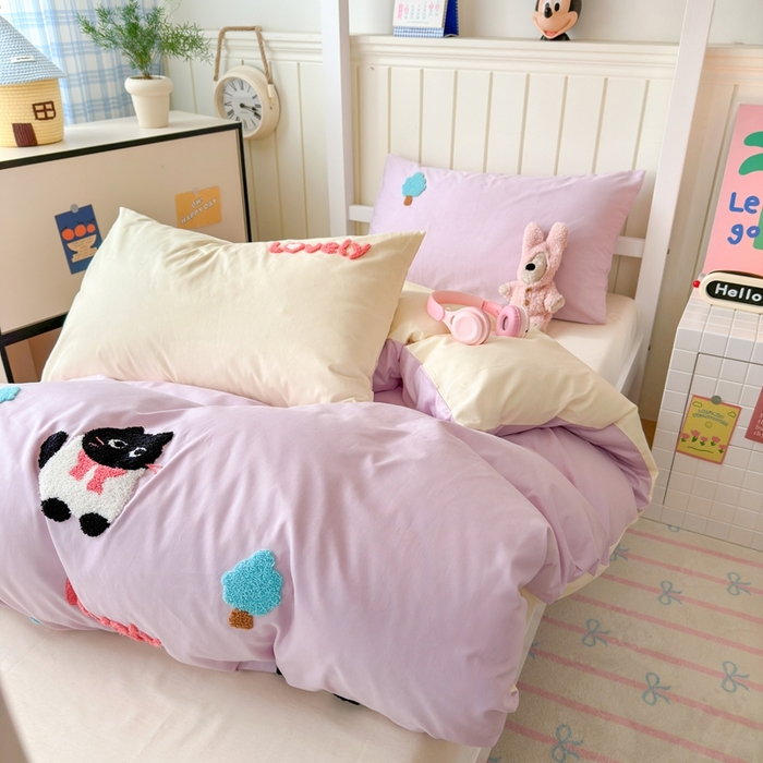 91家纺网 家纺一手货源 找家纺 锦觅 2025新款学生季全棉纯棉毛巾绣三件套奶油小清新刺绣四件套（全文件大图以及买家秀） 嬉戏猫咪