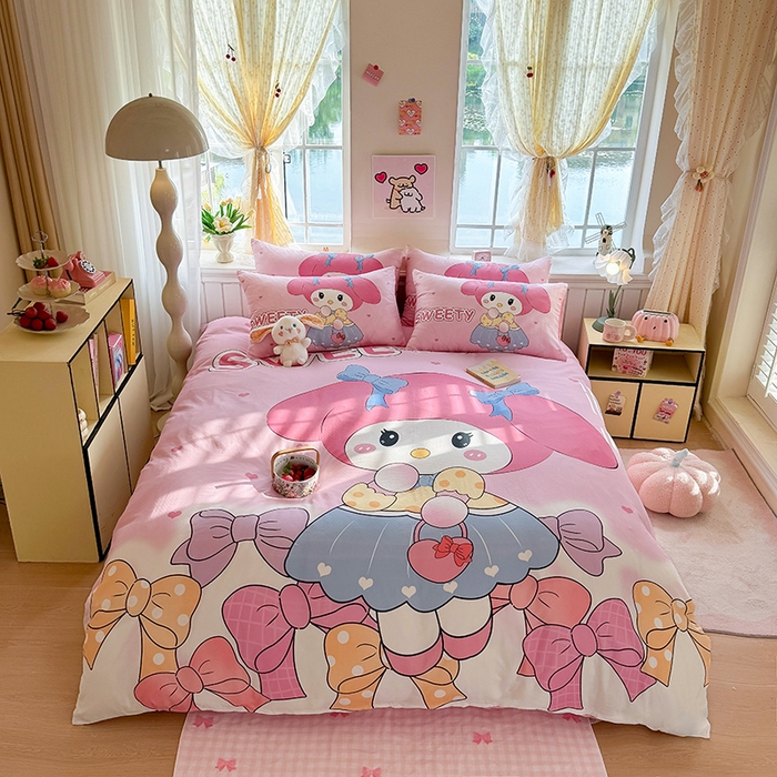 91家纺网 家纺一手货源 找家纺 馨语家居 2025新款全棉双层纱四件套 兔兔少女