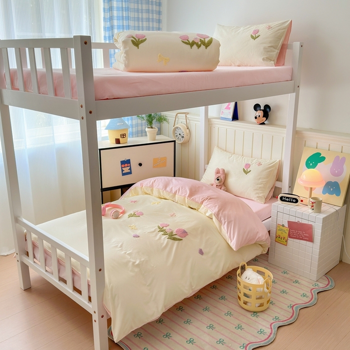 91家纺网 家纺一手货源 找家纺 锦觅 2025新款学生季全棉纯棉毛巾绣三件套奶油小清新刺绣四件套（全文件大图以及买家秀） 蝶恋花（米粉）