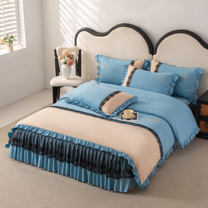 91家纺网 家纺一手货源 找家纺 皇谱家纺  2025新款60sA类水洗棉床裙款四件套-彩蝶之恋 彩蝶之恋-兰