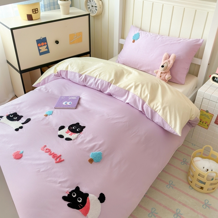 91家纺网 家纺一手货源 找家纺 锦觅 2025新款学生季全棉纯棉毛巾绣三件套奶油小清新刺绣四件套（全文件大图以及买家秀） 嬉戏猫咪