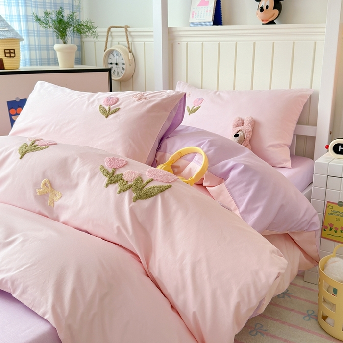 91家纺网 家纺一手货源 找家纺 锦觅 2025新款学生季全棉纯棉毛巾绣三件套奶油小清新刺绣四件套（全文件大图以及买家秀） 蝶恋花（粉紫）