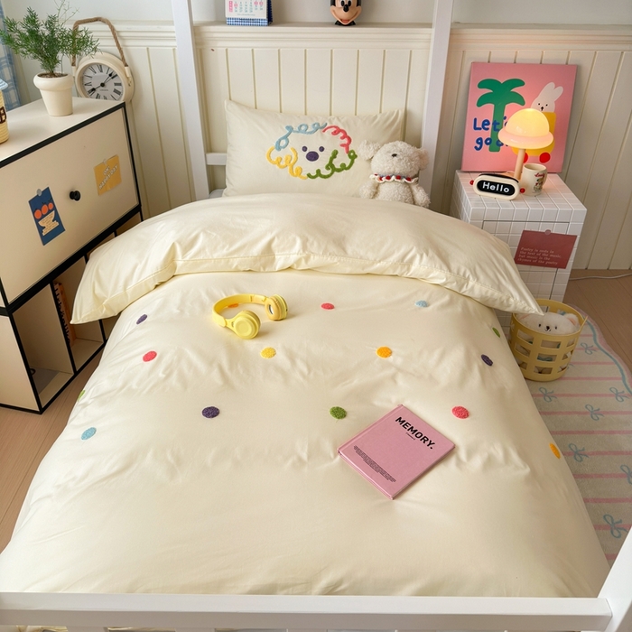 91家纺网 家纺一手货源 找家纺 锦觅 2025新款学生季全棉纯棉毛巾绣三件套奶油小清新刺绣四件套（全文件大图以及买家秀） 彩虹波点