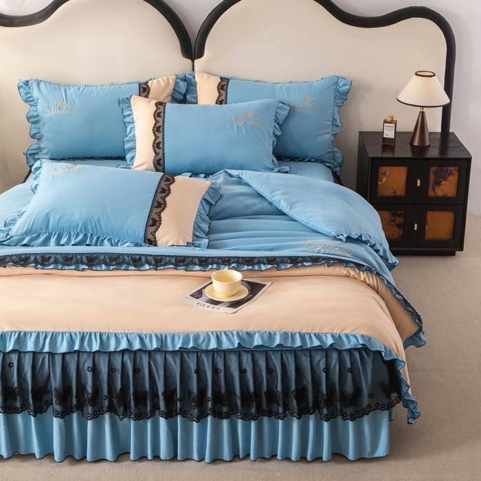 91家纺网 家纺一手货源 找家纺 皇谱家纺  2025新款60sA类水洗棉床裙款四件套-彩蝶之恋 彩蝶之恋-兰