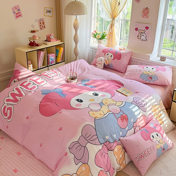 91家纺网 家纺一手货源 找家纺 馨语家居 2025新款全棉双层纱四件套 兔兔少女