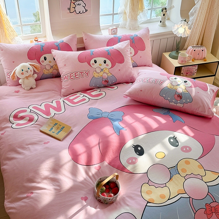 91家纺网 家纺一手货源 找家纺 馨语家居 2025新款全棉双层纱四件套 兔兔少女