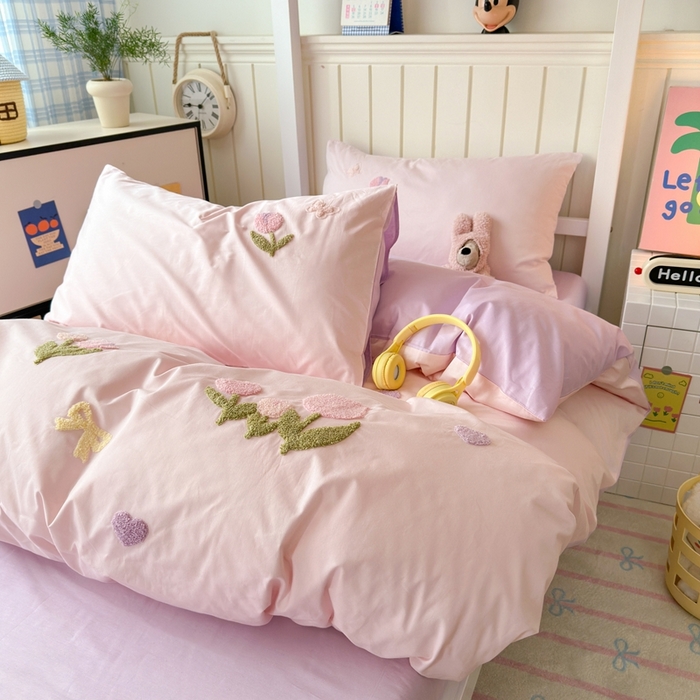 91家纺网 家纺一手货源 找家纺 锦觅 2025新款学生季全棉纯棉毛巾绣三件套奶油小清新刺绣四件套（全文件大图以及买家秀） 蝶恋花（粉紫）