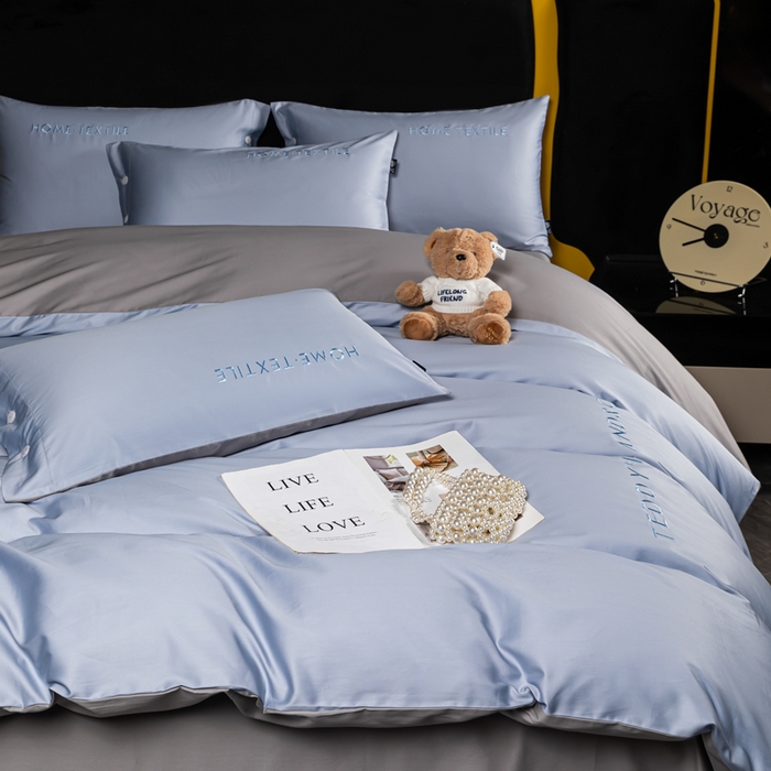 91家纺网 家纺一手货源 找家纺 泰迪爱兰Teddy 2025新款100支（50支）全棉贡缎字母绣花四件套 铃兰+浅灰