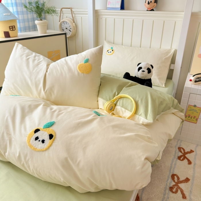 91家纺网 家纺一手货源 找家纺 锦觅 2025新款学生季全棉纯棉毛巾绣三件套奶油小清新刺绣四件套（全文件大图以及买家秀） 苹果熊猫