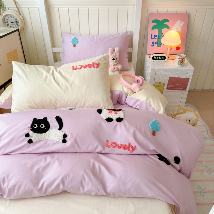 91家纺网 家纺一手货源 找家纺 锦觅 2025新款学生季全棉纯棉毛巾绣三件套奶油小清新刺绣四件套（全文件大图以及买家秀） 嬉戏猫咪