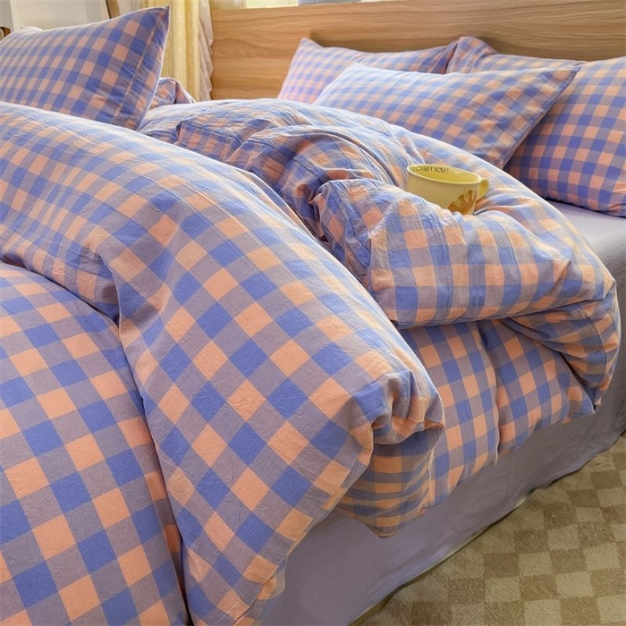 91家纺网 家纺一手货源 找家纺 （总）美尔惠家纺 2025直播热款无印风色织水洗四件套简约格子款学生宿舍三件套床单款