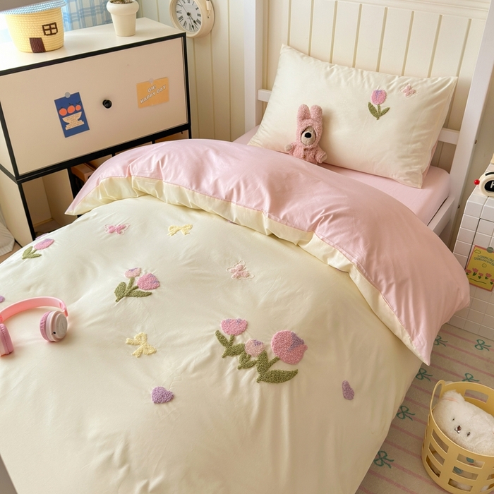 91家纺网 家纺一手货源 找家纺 锦觅 2025新款学生季全棉纯棉毛巾绣三件套奶油小清新刺绣四件套（全文件大图以及买家秀） 蝶恋花（米粉）