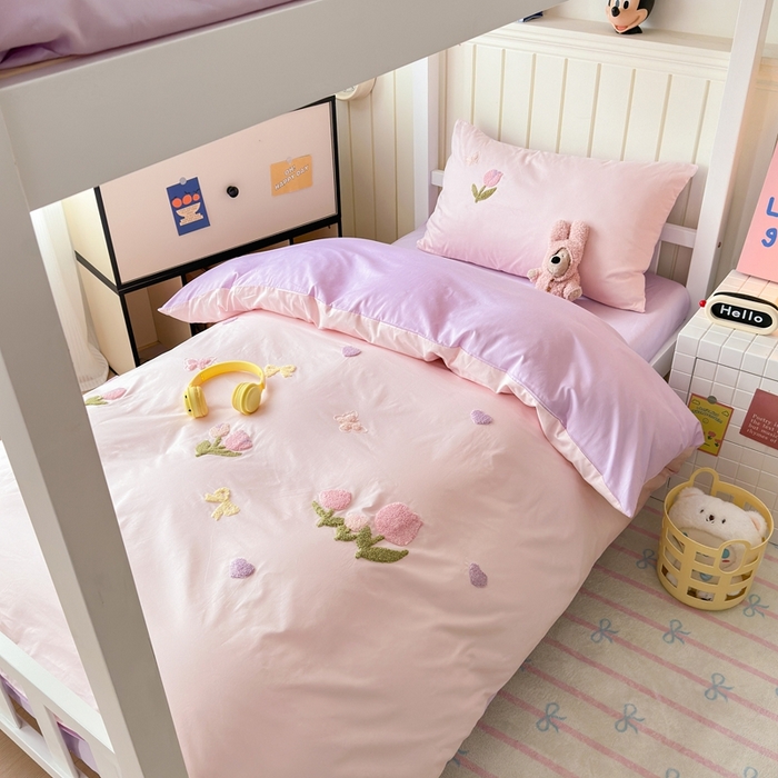 91家纺网 家纺一手货源 找家纺 锦觅 2025新款学生季全棉纯棉毛巾绣三件套奶油小清新刺绣四件套（全文件大图以及买家秀） 蝶恋花（粉紫）