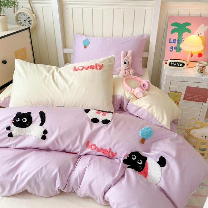 91家纺网 家纺一手货源 找家纺 锦觅 2025新款学生季全棉纯棉毛巾绣三件套奶油小清新刺绣四件套（全文件大图以及买家秀） 嬉戏猫咪