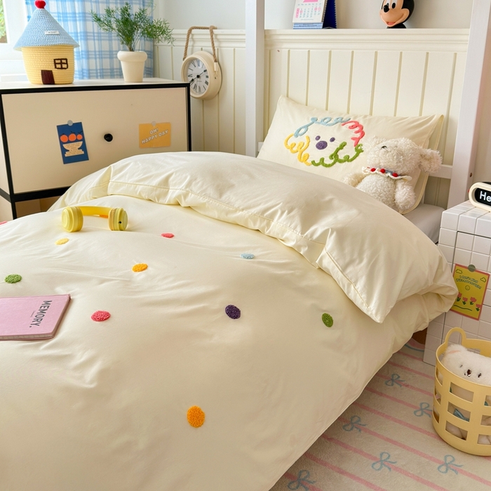 91家纺网 家纺一手货源 找家纺 锦觅 2025新款学生季全棉纯棉毛巾绣三件套奶油小清新刺绣四件套（全文件大图以及买家秀） 彩虹波点